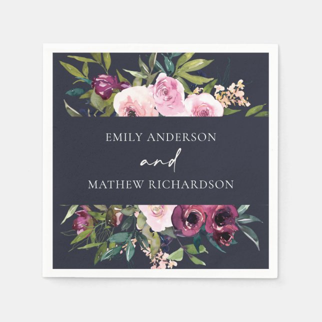 GUARDANAPO DE PAPEL BRILHO MARINHO BLUSH BURGUNDY FLORAL BUNCH CASAMEN (Frente)