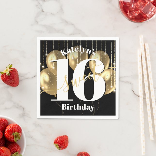 Guardanapo De Papel Brilhos Dourados Negros Doce 16 Balões de Aniversá (Insitu)