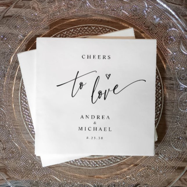 Guardanapo De Papel Brincadeira Moderna Animação Casual ao Amor Cockta (Minimalist “cheers to love” wedding napkin with names and date—perfect for modern receptions.)