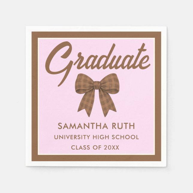 Guardanapo De Papel Brown Gingham Bow Graduation Party (Frente)