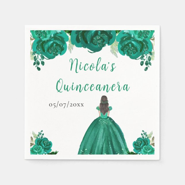 Guardanapo De Papel Brown Hair Princess Green Floral Quinceanera (Frente)
