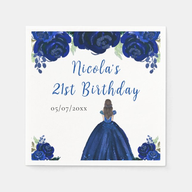 Guardanapo De Papel Brown Hair Princess Navy Floral Birthday Party (Frente)