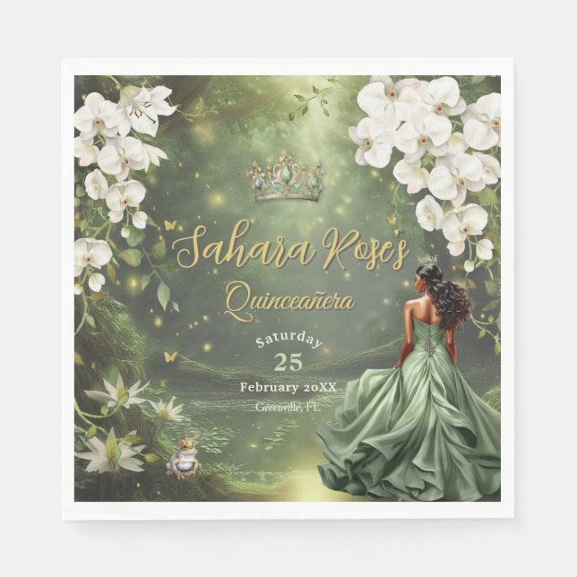 Guardanapo De Papel Brown Princess and Frog Sage Green Quinceanera 16 (Frente)