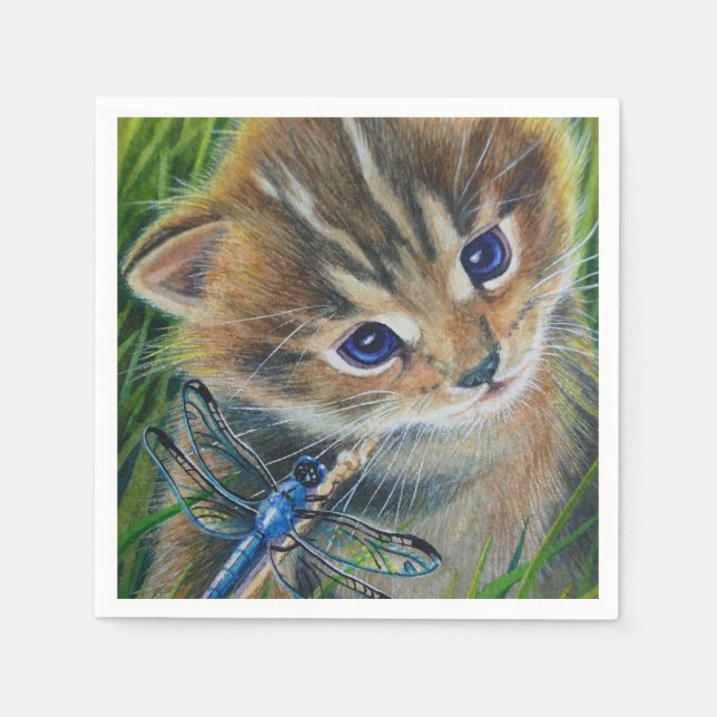 Guardanapo De Papel Brown Tabby Kitten & Dragonfly Watercolor Art (Frente)