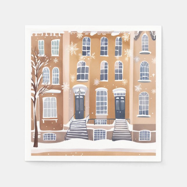 Guardanapo De Papel Brownstone Homes | Snowy City Street Watercolor (Frente)