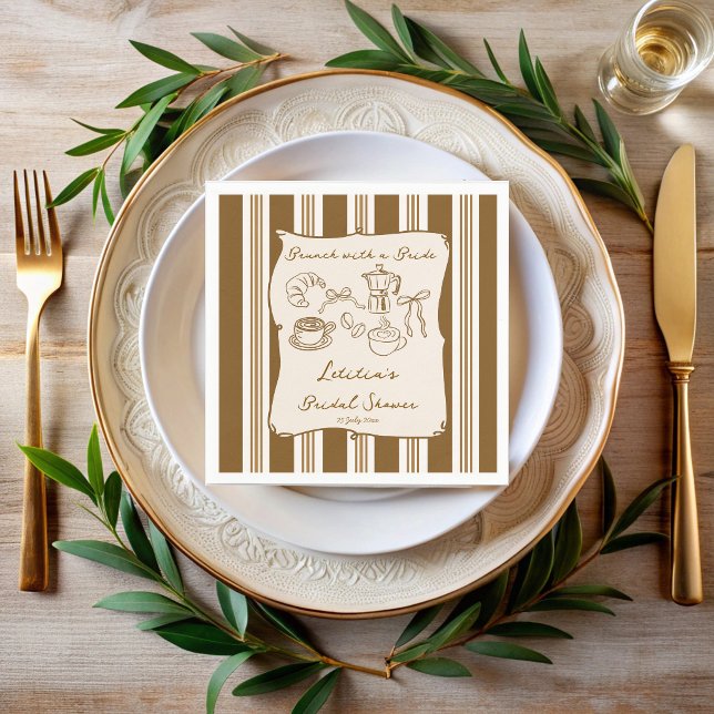 Guardanapo De Papel Brunch com a noiva chá de noiva retrô café (Brunch with bride vintage retro  brown stripes hand drawn coffee bridal shower personalized napkins)