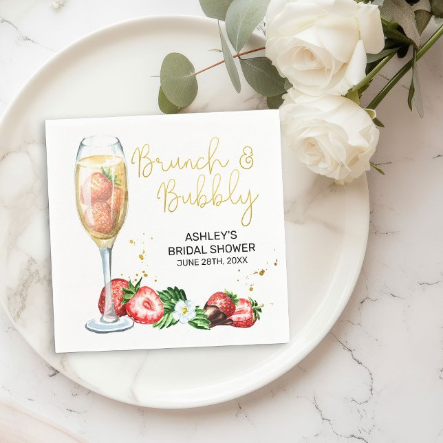 Guardanapo De Papel Brunch e Chá de morango e champanhe (Brunch & Bubbly Bridal Shower cocktail napkins with Champagne and Strawberries )