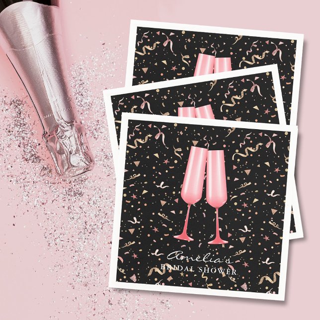 Guardanapo De Papel Brunch e Chá de panela preto (Brunch and bubbly pink champagne bridal shower black napkins)