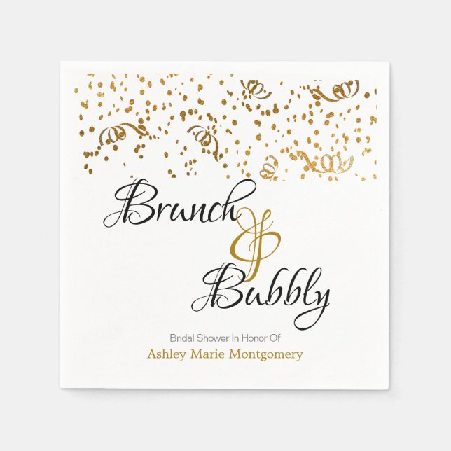 Guardanapo De Papel Brunch Personalizado, Dourado Confetti em Branco (Frente)