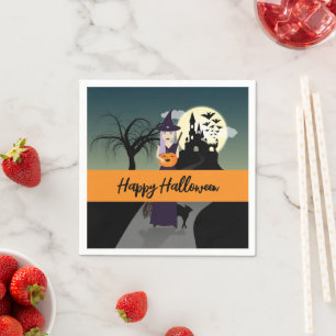 Guardanapo De Papel Bruxa de Halloween Abóbora Gato preto Seu texto