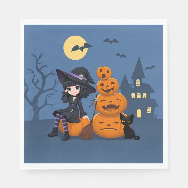 Guardanapo De Papel Bruxa de Halloween, Gato Negro e Abóboras (Frente)