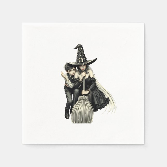 Guardanapo De Papel Bruxa e Menino do Halloween: Duo Mágico Escuro (Frente)