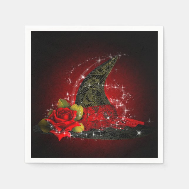 Guardanapo De Papel Bruxa Glamurosa Chapéu de Renda Preto e Vermelho B (Frente)