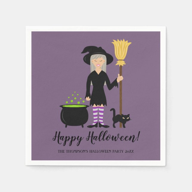Guardanapo De Papel Bruxa Menina Fofa Com Um Gato & Texto Feliz Hallow (Frente)