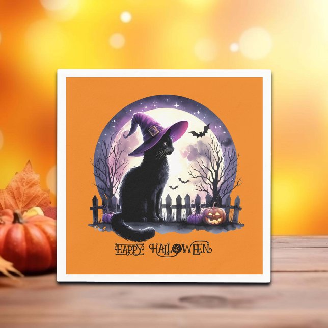 Guardanapo De Papel Bruxa Negra de Gato e Morcegos do Halloween (Criador carregado)