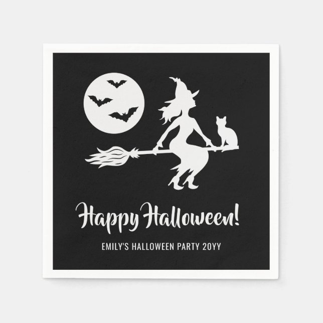Guardanapo De Papel Bruxa Simples Num Cavo Preto E Branco No Halloween (Frente)