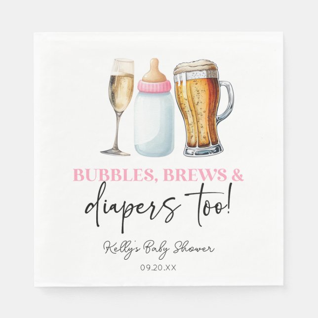 Guardanapo De Papel Bubbles Brews and Diapers Too! Baby Shower (Frente)