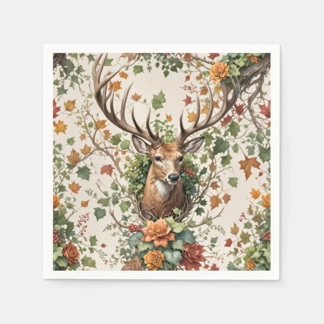 Guardanapo De Papel Buck Deer Em Flores De Outono (Frente)