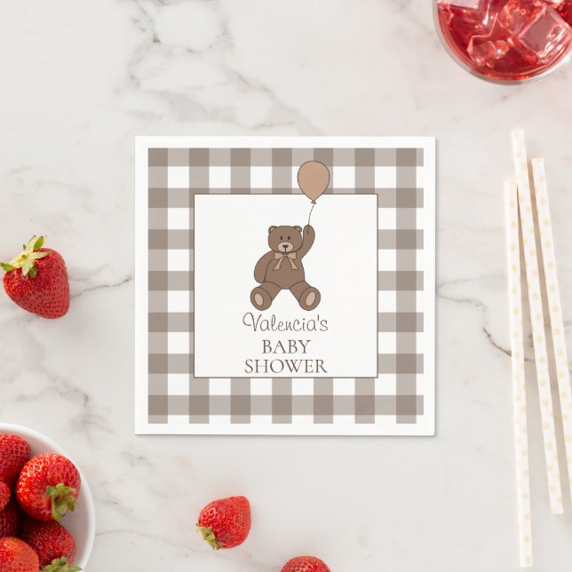Guardanapo De Papel Buffalo Check Brown White Teddy Bear Baby Shower (Insitu)