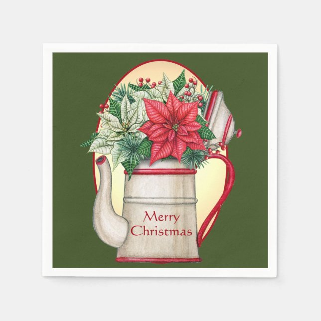 Guardanapo De Papel Bule de chá antigo com Natal de poinsettias  (Frente)