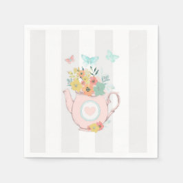 Guardanapo De Papel Bule de Chá Rosa com Flores & Borboletas