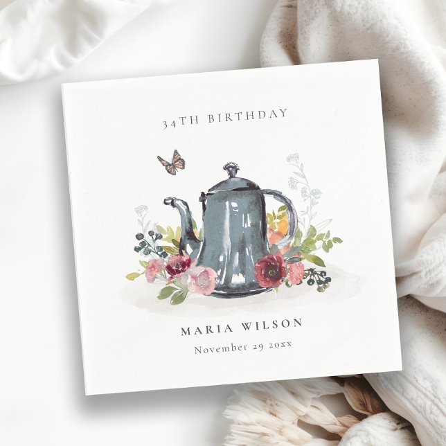 Guardanapo De Papel Bule Floral Elegante Rosa de Folha Qualquer Aniver (Criador carregado)