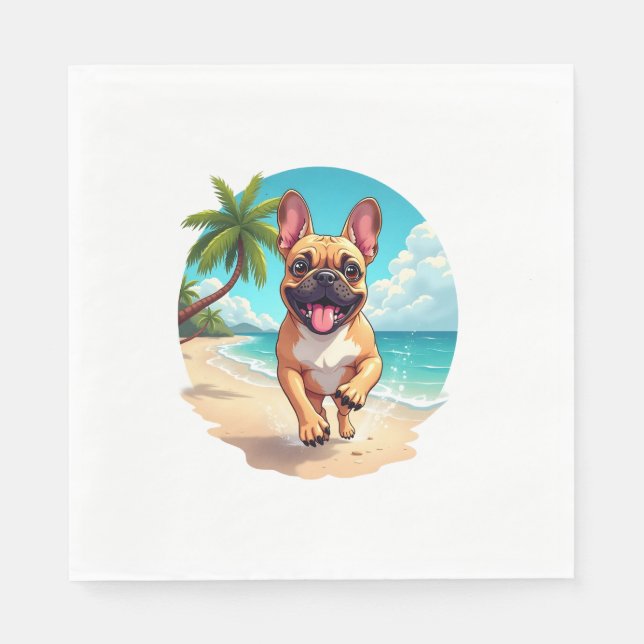 Guardanapo De Papel Bulldog francês em uma praia (Frente)