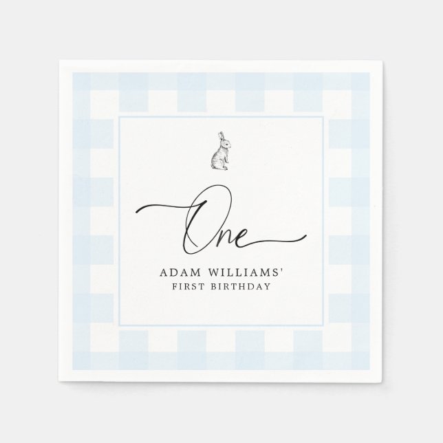 Guardanapo De Papel Bunny Blue Gingham Primeiro Livro de Aniversário N (Frente)