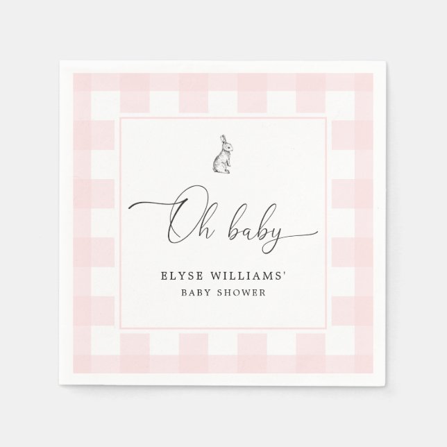 Guardanapo De Papel Bunny Rabbit Pink Gingham Oh Bebê Papel Napkin (Frente)