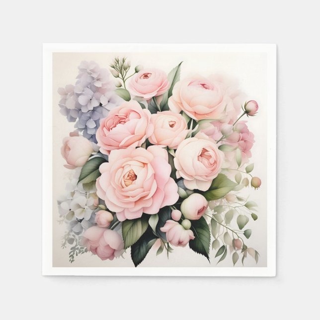 Guardanapo De Papel Buquê de Aquarela Suave com Peonies Rosas (Frente)
