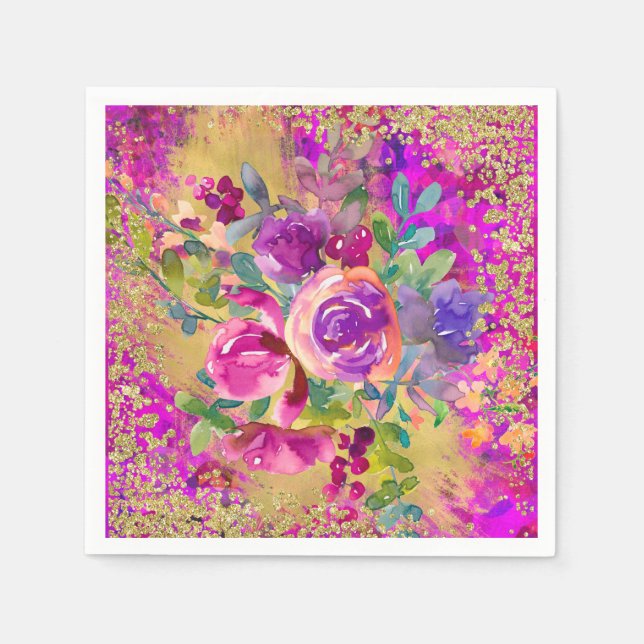 Guardanapo De Papel Buquê de Flores Aquarela em Brilho Rosa (Frente)