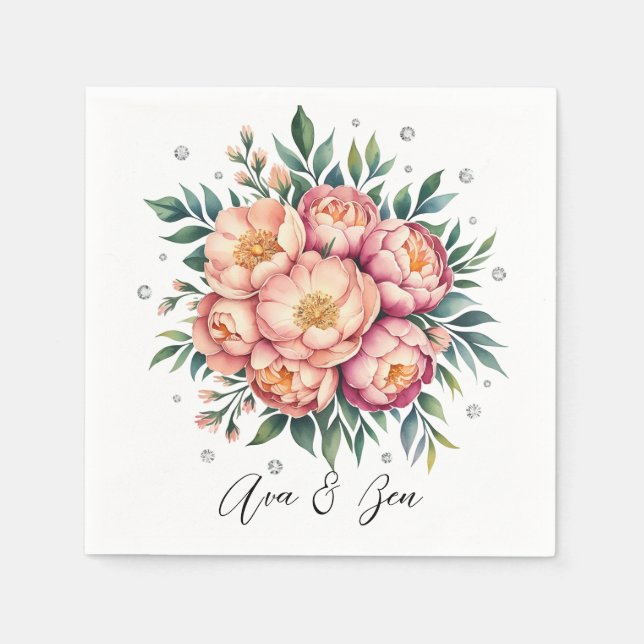 Guardanapo De Papel Buquê de Pêssego Elegante com Casamento de Ouros (Frente)