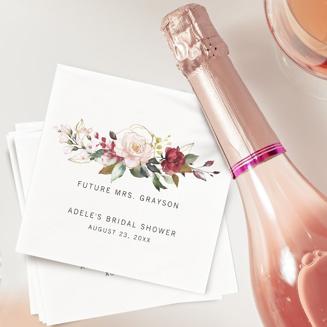 Guardanapo De Papel Buquê Floral Rosa Borgonha Dourada Chuva de Noiva (Gold Burgundy Rose Floral Bouquet Bridal Shower Napkins)