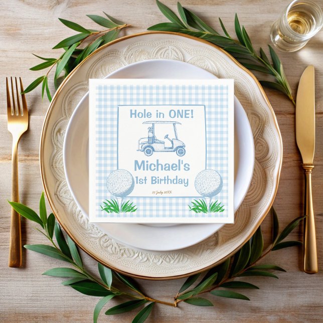 Guardanapo De Papel Buraco num monograma do partido de golfe gingham a (Hole in one blue gingham golf 1st birthday party monogrammed napkins personalized table decor)
