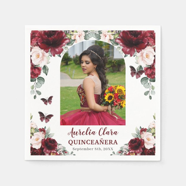 Guardanapo De Papel Burgundy Blush Floral Butterfly Quinceañera Foto (Frente)