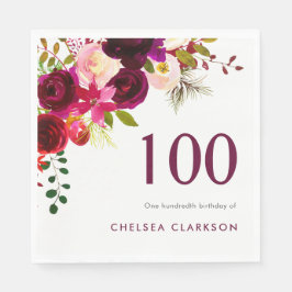 Guardanapo De Papel Burgundy Boho Floral 100ª Celebração de Aniversári