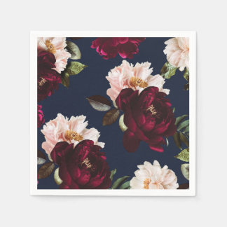Guardanapo De Papel Burgundy Escuro Malva Peônia Floral Azul Naval