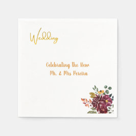 Guardanapo De Papel Burgundy Floral & Gold Script Wedding