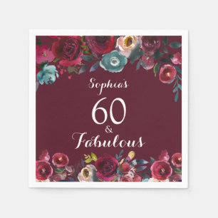 Guardanapo De Papel Burgundy Marinho Watercolor Floral 60º Aniversário