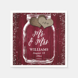 Guardanapo De Papel Burgundy Mason Jar Rustic Wood Sr. & Sra. Wedding