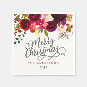 Guardanapo De Papel Burgundy Red Floral Boho Feliz Festa de Natal