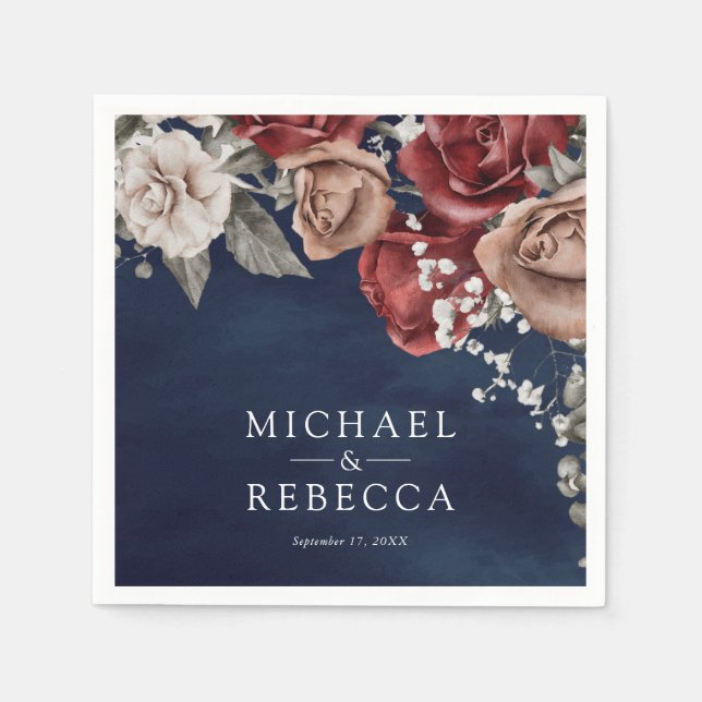 Guardanapo De Papel Burgundy Red Roses Floral Navy Blue Wedding (Frente)
