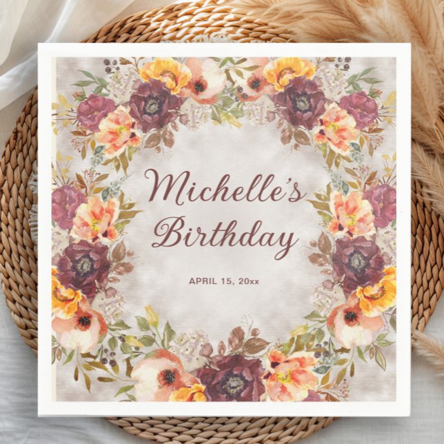Guardanapo De Papel Burgundy Rust Orange Floral Women's Birthday (Burgundy, rust, and burnt orange watercolor floral birthday party paper napkins)