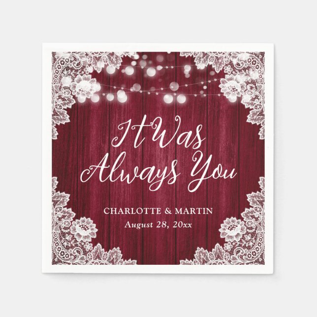 Guardanapo De Papel Burgundy Rustic Wood Floral Lace Wedding (Frente)