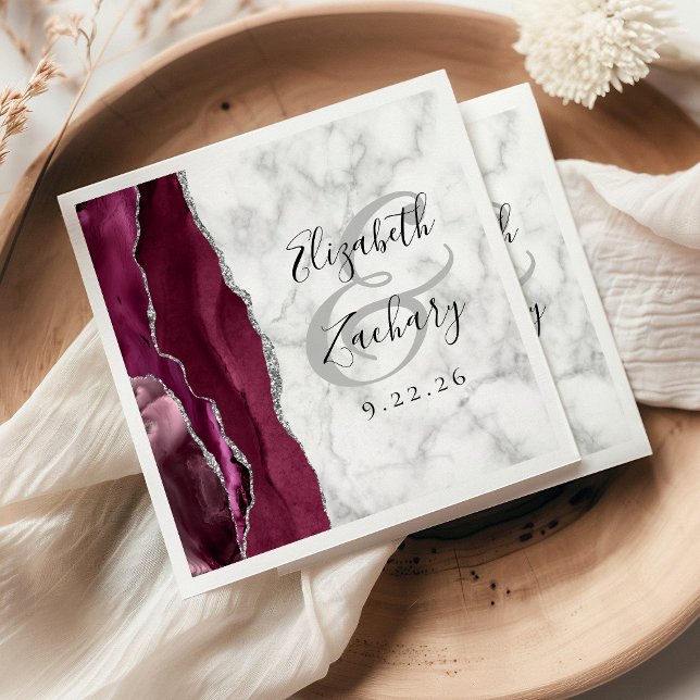 Guardanapo De Papel Burgundy Silver Agate Marble Wedding Napkins (Criador carregado)