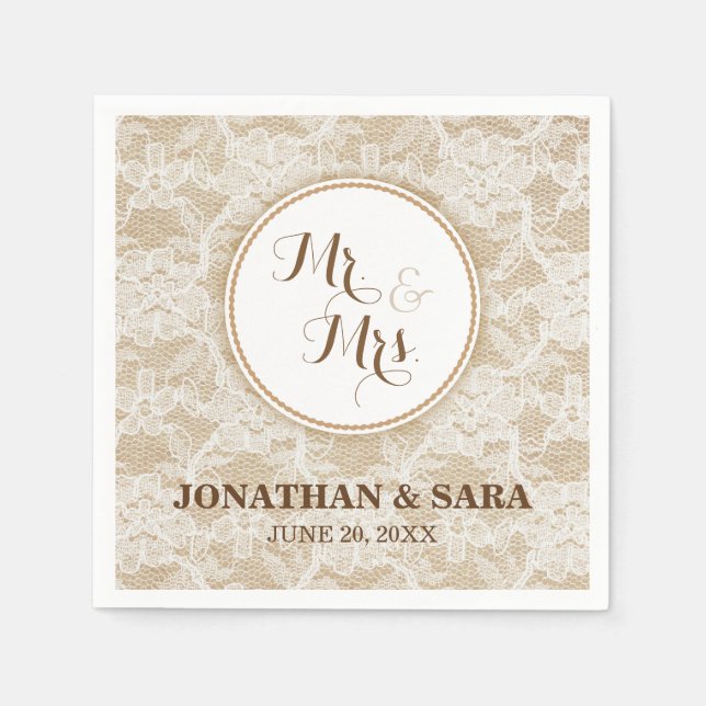 Guardanapo De Papel Burlap e Lace, Sr. e Sra. Casamento Personalizado (Frente)