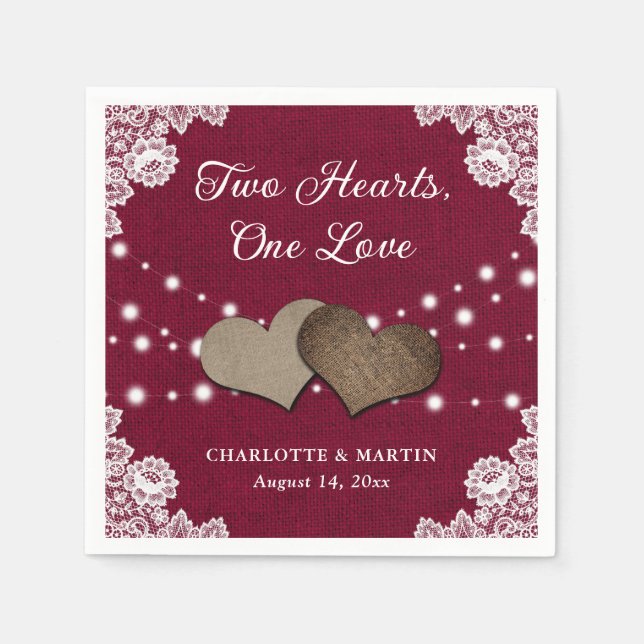 Guardanapo De Papel Burlap Hearts Lace Rustic Burgundy Casamento Napki (Frente)