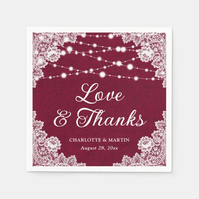 Guardanapo De Papel Burlap Lace Love and Obrigados Burgundy (Frente)