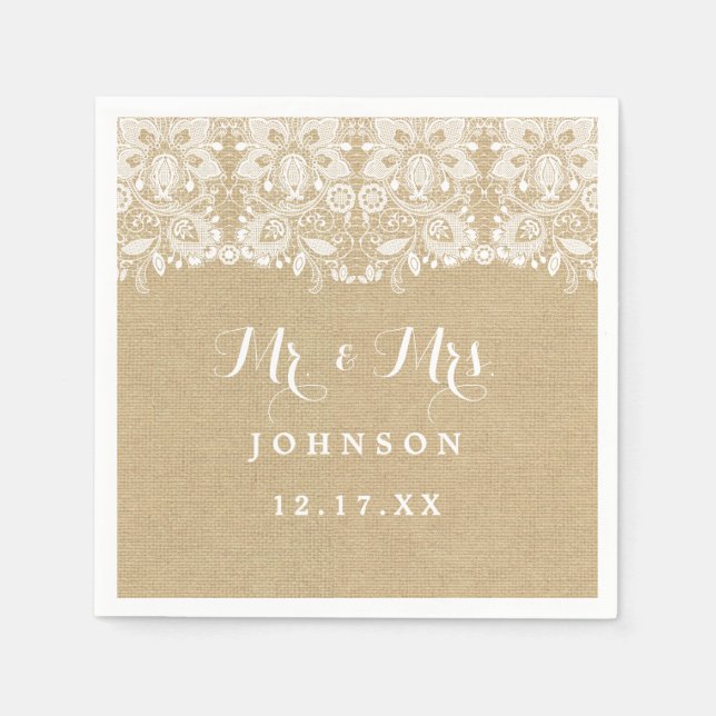 Guardanapo De Papel Burlap Lace Rustic Wedkins (Frente)