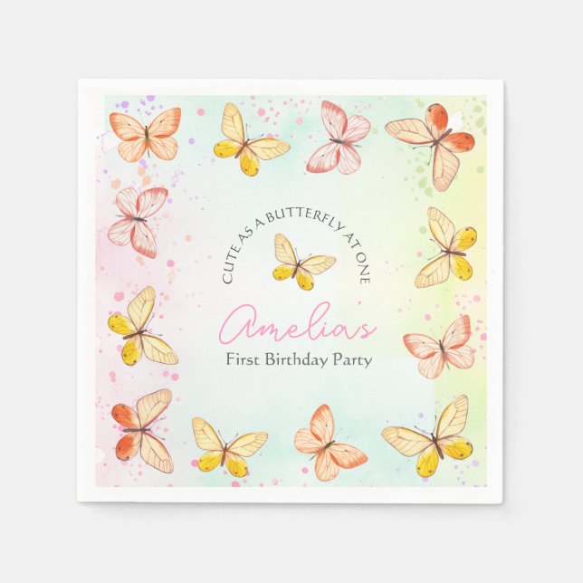 Guardanapo De Papel Butterfly Girl 1st Birthday Party Paper Napkins (Frente)